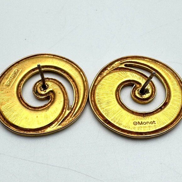 Monet Red Enamel Swirl Design Stud Pierced Earrings Gold-Tone Metal Vtg 1980s - Picture 4 of 6